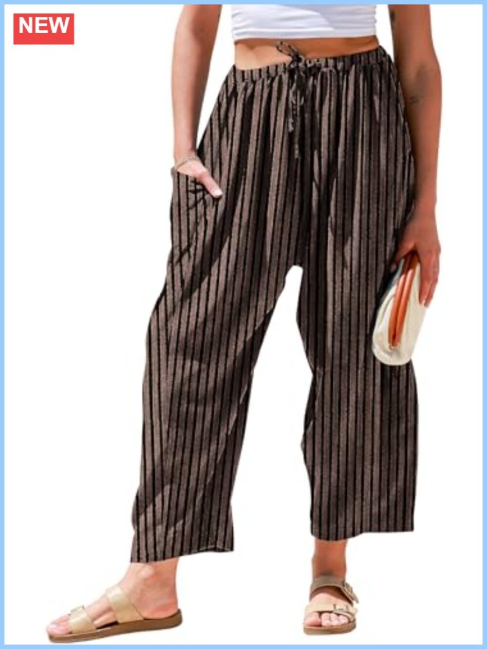 Wide Leg Striped Linen Pants with Pockets Drawstring Beach